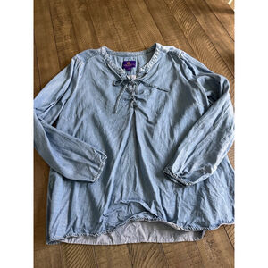 Women's Curations Caravan Chambray Blouse Size 1X Blue Long Sleeve